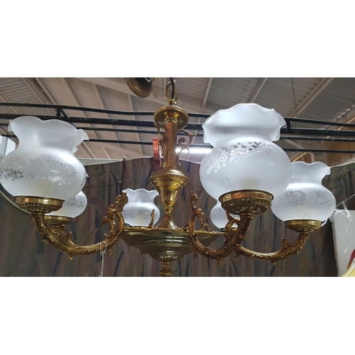 859 - Ornate 6-Arm Brass Ceiling Light with Glass Shades