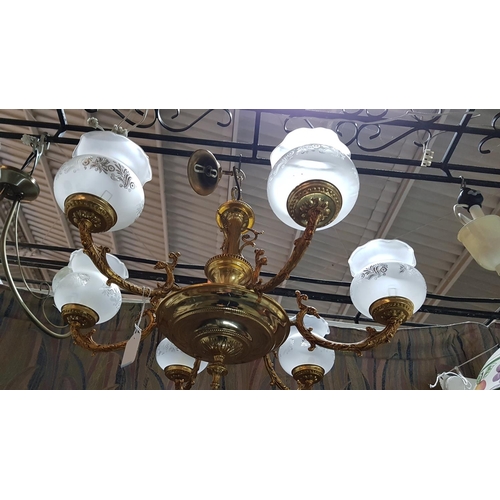 859 - Ornate 6-Arm Brass Ceiling Light with Glass Shades