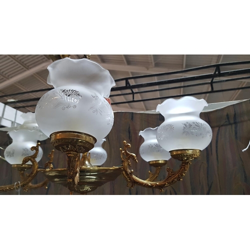 859 - Ornate 6-Arm Brass Ceiling Light with Glass Shades