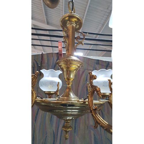 859 - Ornate 6-Arm Brass Ceiling Light with Glass Shades