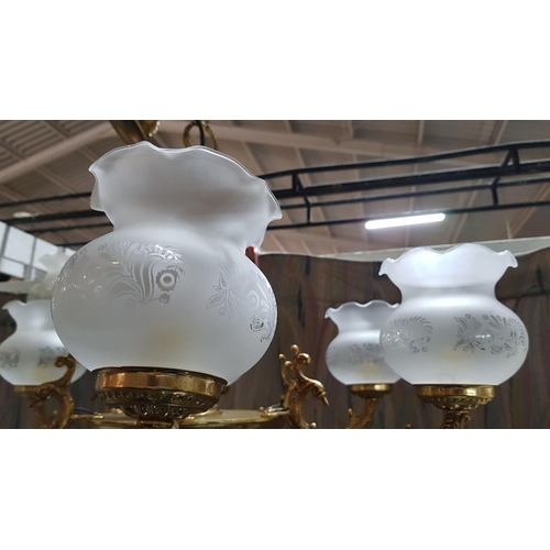 859 - Ornate 6-Arm Brass Ceiling Light with Glass Shades