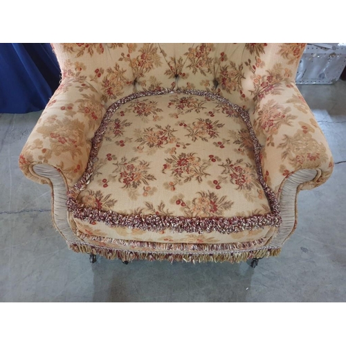 102 - Larger Than Average Antique Style Wing Back Armchair in Floral Fabric, Button Back, Over Turned Wood... 