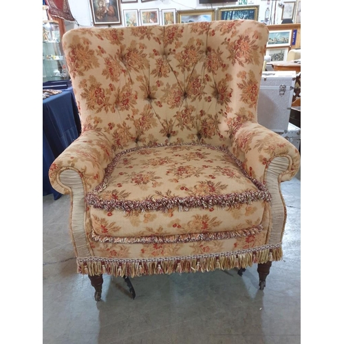 102 - Larger Than Average Antique Style Wing Back Armchair in Floral Fabric, Button Back, Over Turned Wood... 