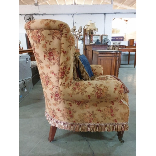 102 - Larger Than Average Antique Style Wing Back Armchair in Floral Fabric, Button Back, Over Turned Wood... 