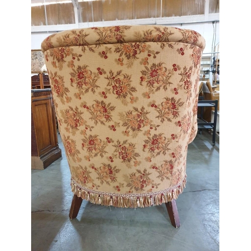 102 - Larger Than Average Antique Style Wing Back Armchair in Floral Fabric, Button Back, Over Turned Wood... 