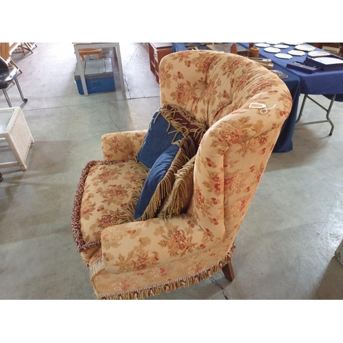 102 - Larger Than Average Antique Style Wing Back Armchair in Floral Fabric, Button Back, Over Turned Wood... 