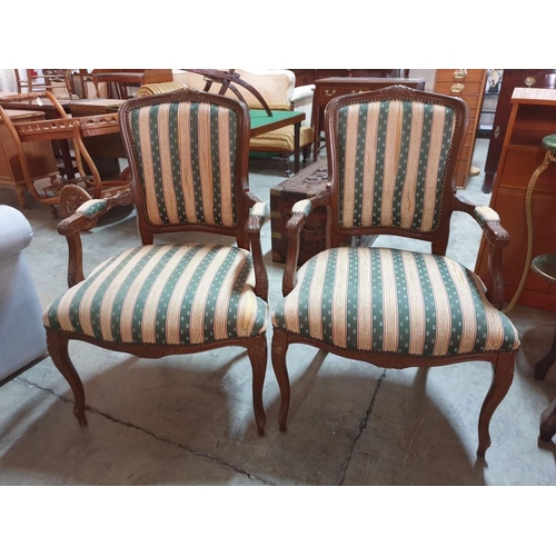 109 - Pair of Classical Style Wooden Carver Dining Armchairs with Green & Cream Patterned Striped Fabric S... 