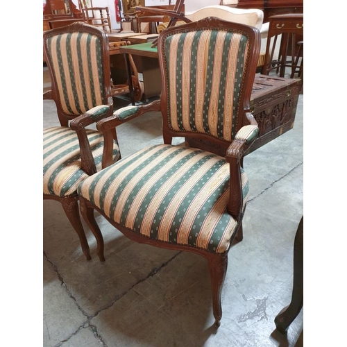 109 - Pair of Classical Style Wooden Carver Dining Armchairs with Green & Cream Patterned Striped Fabric S... 