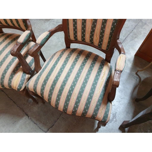 109 - Pair of Classical Style Wooden Carver Dining Armchairs with Green & Cream Patterned Striped Fabric S... 