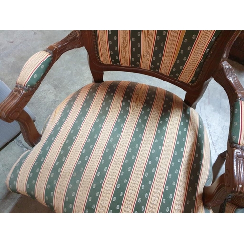 109 - Pair of Classical Style Wooden Carver Dining Armchairs with Green & Cream Patterned Striped Fabric S... 