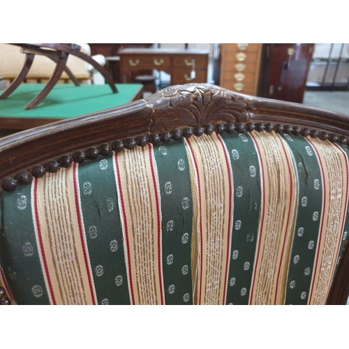 109 - Pair of Classical Style Wooden Carver Dining Armchairs with Green & Cream Patterned Striped Fabric S... 