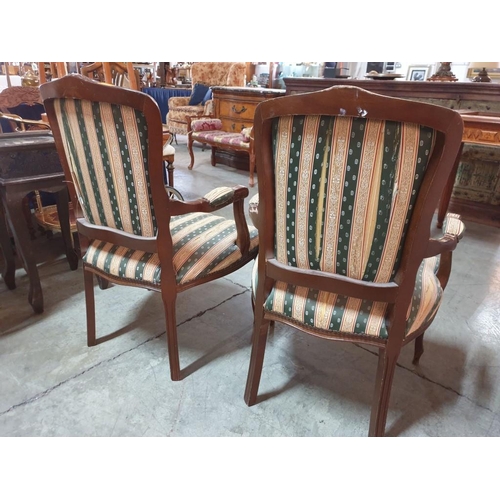 109 - Pair of Classical Style Wooden Carver Dining Armchairs with Green & Cream Patterned Striped Fabric S... 