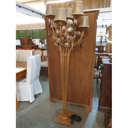 110 - Floor Standing Lamp with 6-Long Metal Arms with Gold Tone Shades, Metal Leaf Decoration and Hanging ... 