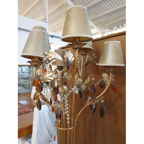 110 - Floor Standing Lamp with 6-Long Metal Arms with Gold Tone Shades, Metal Leaf Decoration and Hanging ... 