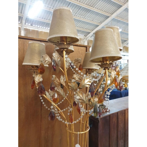 110 - Floor Standing Lamp with 6-Long Metal Arms with Gold Tone Shades, Metal Leaf Decoration and Hanging ... 