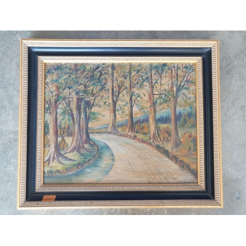 115 - Framed Oil on Board of Tree Lined Path, Signed Lower Right Corner 