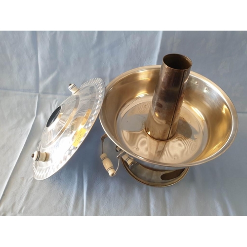 42 - Vintage Stainless Steel Coal Pop Corn Maker / Warming Dish with Porcelain Handles and Centre Funnell