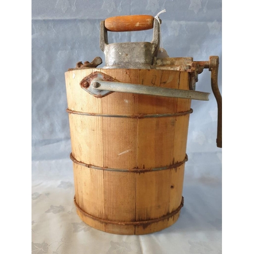 49 - Antique 'Reliance' Husqvarna, Sweden Ice Cream Churn; Wooden Container with Metal Bands and Manual W... 