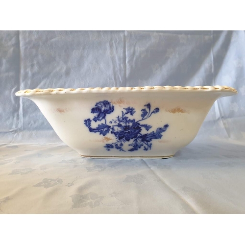 50 - Large Antique Porcelain Deep Rectangular Dish with Decorative Handles and Blue & Gold Floral Pattern... 