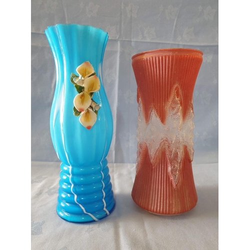 86 - Vintage Blue Glass Vase with Flower Decoration (Approx. H: 29cm), Together with Red Glass Vase (2)