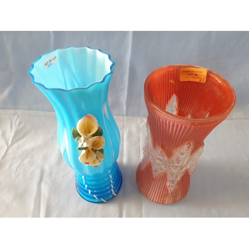 86 - Vintage Blue Glass Vase with Flower Decoration (Approx. H: 29cm), Together with Red Glass Vase (2)