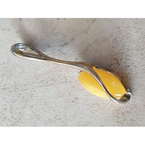 90 - Silver (.925) Necklace with Decorative Amber Pendant, Set in Silver with Black Stone(?) Backing, Tog... 