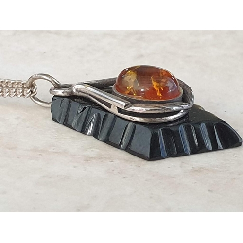 90 - Silver (.925) Necklace with Decorative Amber Pendant, Set in Silver with Black Stone(?) Backing, Tog... 