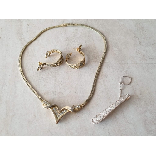 91 - Decorative Gold Tone Necklace Set with Clear Stones, Together with Pair of Earrings and White Metal ... 