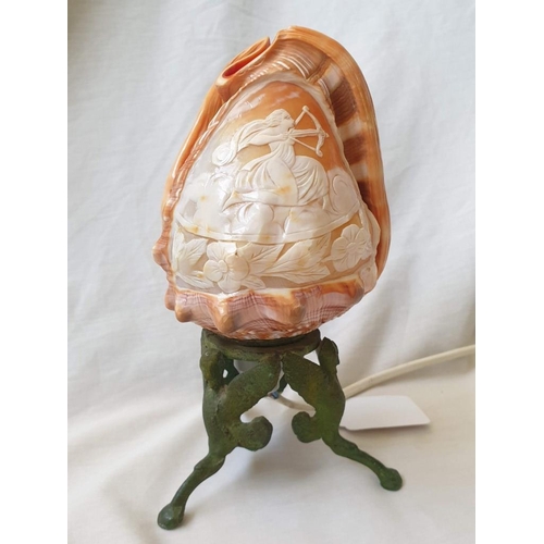 97 - Antique Carved Carnelian Conch Shell Cameo Lamp, Depicting 'Diana the Huntress' on Decorative Metal ... 