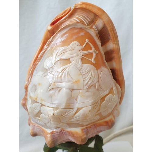 97 - Antique Carved Carnelian Conch Shell Cameo Lamp, Depicting 'Diana the Huntress' on Decorative Metal ... 