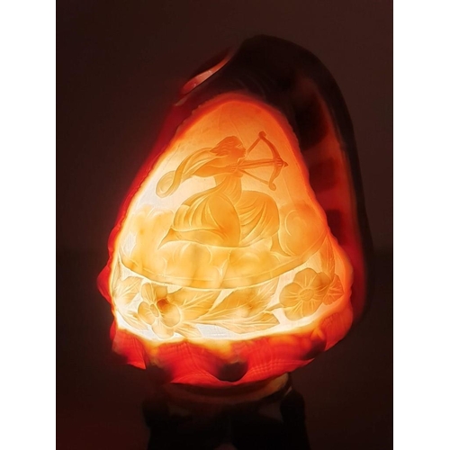 97 - Antique Carved Carnelian Conch Shell Cameo Lamp, Depicting 'Diana the Huntress' on Decorative Metal ... 