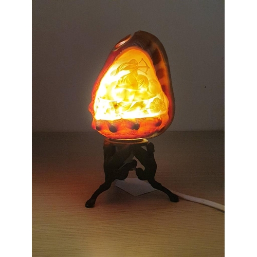 97 - Antique Carved Carnelian Conch Shell Cameo Lamp, Depicting 'Diana the Huntress' on Decorative Metal ... 