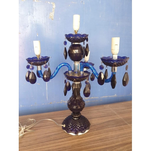 78 - Vintage Style Blue Plastic Table / Side Lamp with 3-Arms (4-Spot) and Hanging Crystals (Approx. H: 5... 