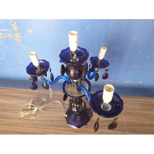 78 - Vintage Style Blue Plastic Table / Side Lamp with 3-Arms (4-Spot) and Hanging Crystals (Approx. H: 5... 
