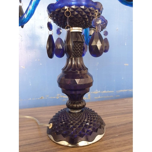 78 - Vintage Style Blue Plastic Table / Side Lamp with 3-Arms (4-Spot) and Hanging Crystals (Approx. H: 5... 