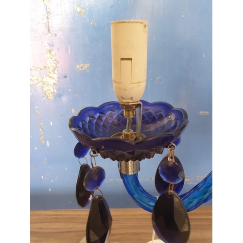 78 - Vintage Style Blue Plastic Table / Side Lamp with 3-Arms (4-Spot) and Hanging Crystals (Approx. H: 5... 
