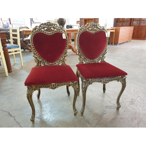 79 - Pair of Decorative Gilt Cast Metal Dining / Bedroom Chairs with Red Padded Fabric Seat and Heart Sha... 