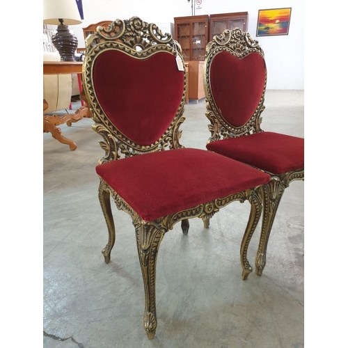 79 - Pair of Decorative Gilt Cast Metal Dining / Bedroom Chairs with Red Padded Fabric Seat and Heart Sha... 