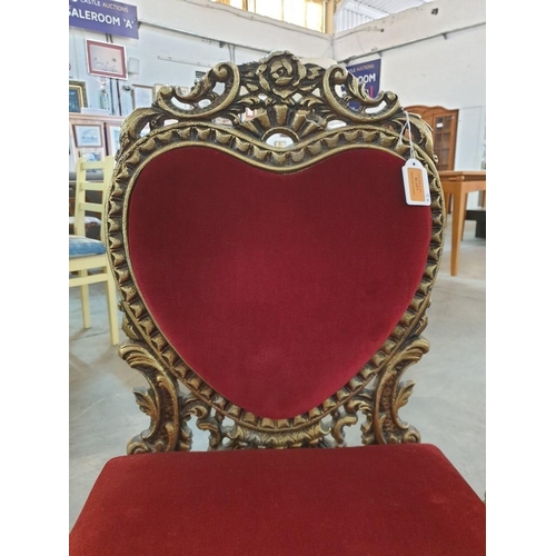 79 - Pair of Decorative Gilt Cast Metal Dining / Bedroom Chairs with Red Padded Fabric Seat and Heart Sha... 