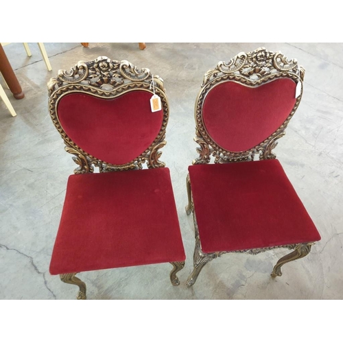 79 - Pair of Decorative Gilt Cast Metal Dining / Bedroom Chairs with Red Padded Fabric Seat and Heart Sha... 