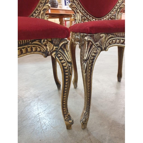 79 - Pair of Decorative Gilt Cast Metal Dining / Bedroom Chairs with Red Padded Fabric Seat and Heart Sha... 