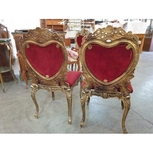 79 - Pair of Decorative Gilt Cast Metal Dining / Bedroom Chairs with Red Padded Fabric Seat and Heart Sha... 