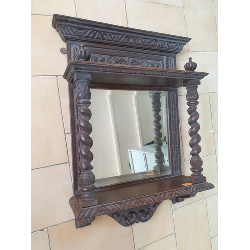 85 - Antique Wall Hanging Mirror with Carved Wood Surround, Barley Twist Uprights, Carved Panel and Templ... 