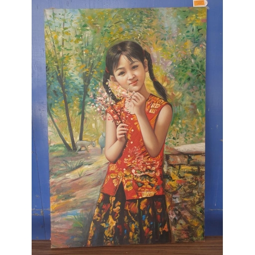 69 - Original Oil on Canvas Painting of Young Chinese Girl with Flowers and Tree Background, by Na Yuan, ... 