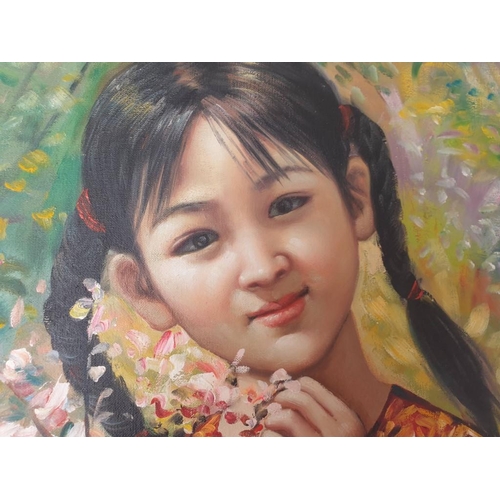 69 - Original Oil on Canvas Painting of Young Chinese Girl with Flowers and Tree Background, by Na Yuan, ... 