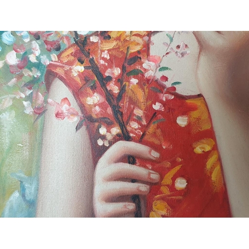 69 - Original Oil on Canvas Painting of Young Chinese Girl with Flowers and Tree Background, by Na Yuan, ... 