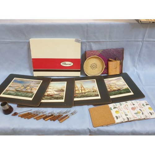 173 - Set of 4 x Table Mats with Ships (Pimpernel Box Set), Together with 8 x Coasters, 12 x Wood Handled ... 