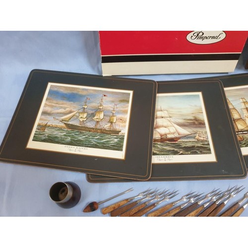 173 - Set of 4 x Table Mats with Ships (Pimpernel Box Set), Together with 8 x Coasters, 12 x Wood Handled ... 