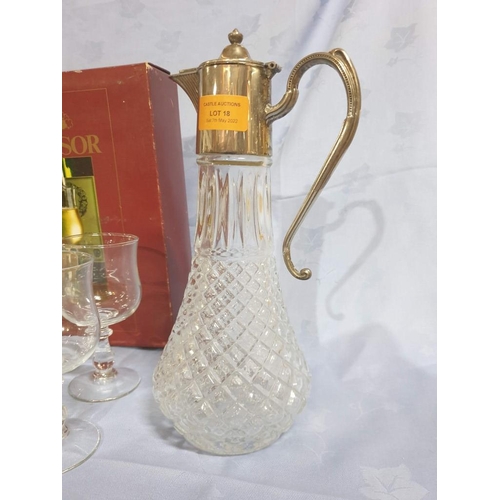 18 - Vintage English Claret Jug with White Metal Fluted Spout, Together with Set of 6 x Wine Glasses