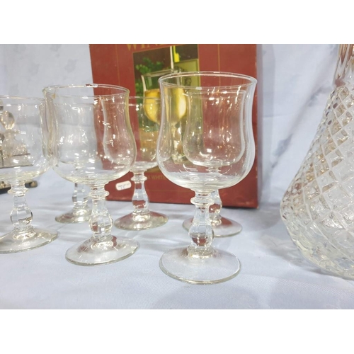 18 - Vintage English Claret Jug with White Metal Fluted Spout, Together with Set of 6 x Wine Glasses